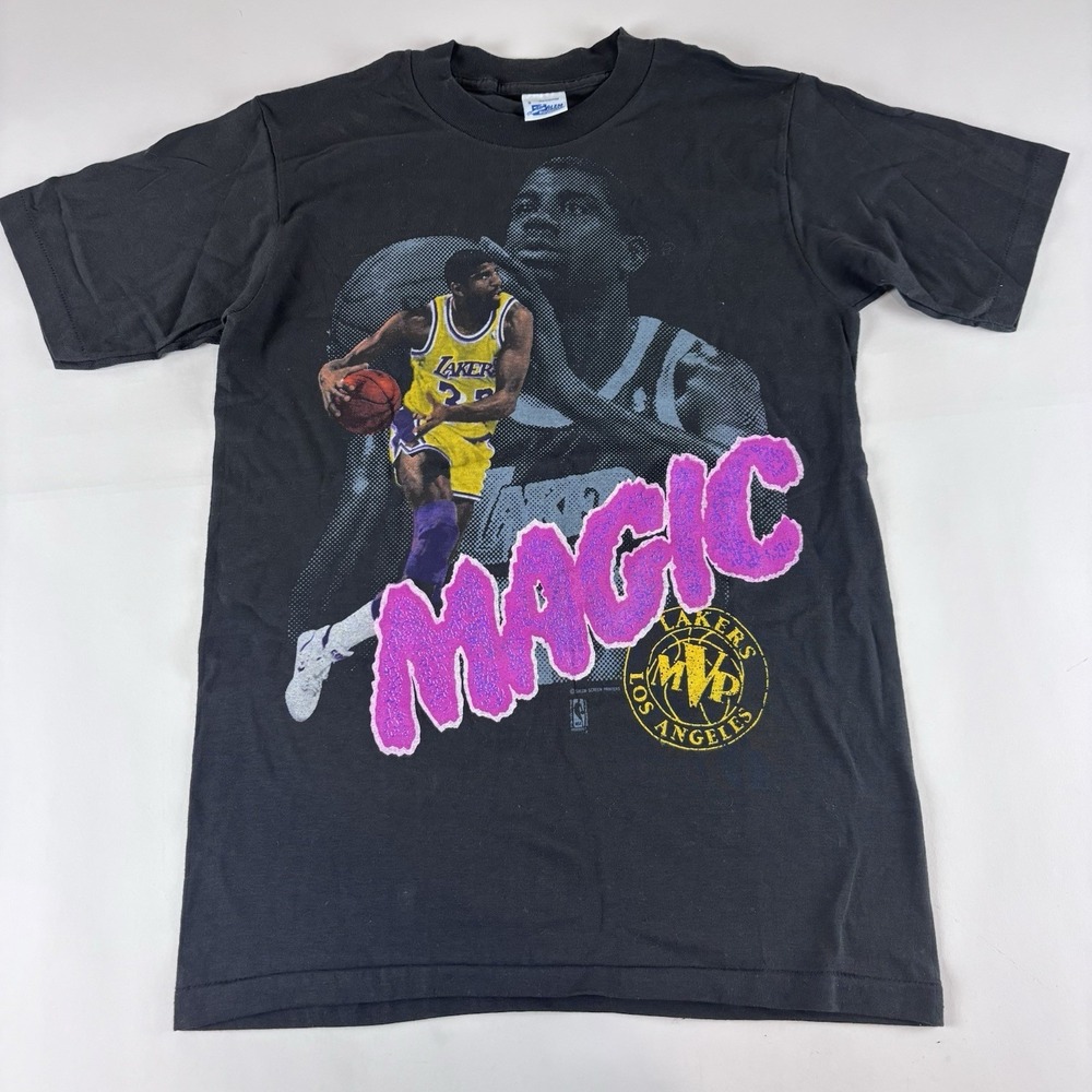Vintage 1990s Black Magic Johnson Small Lakers NBA Salem Sportswear Tee MVP‎